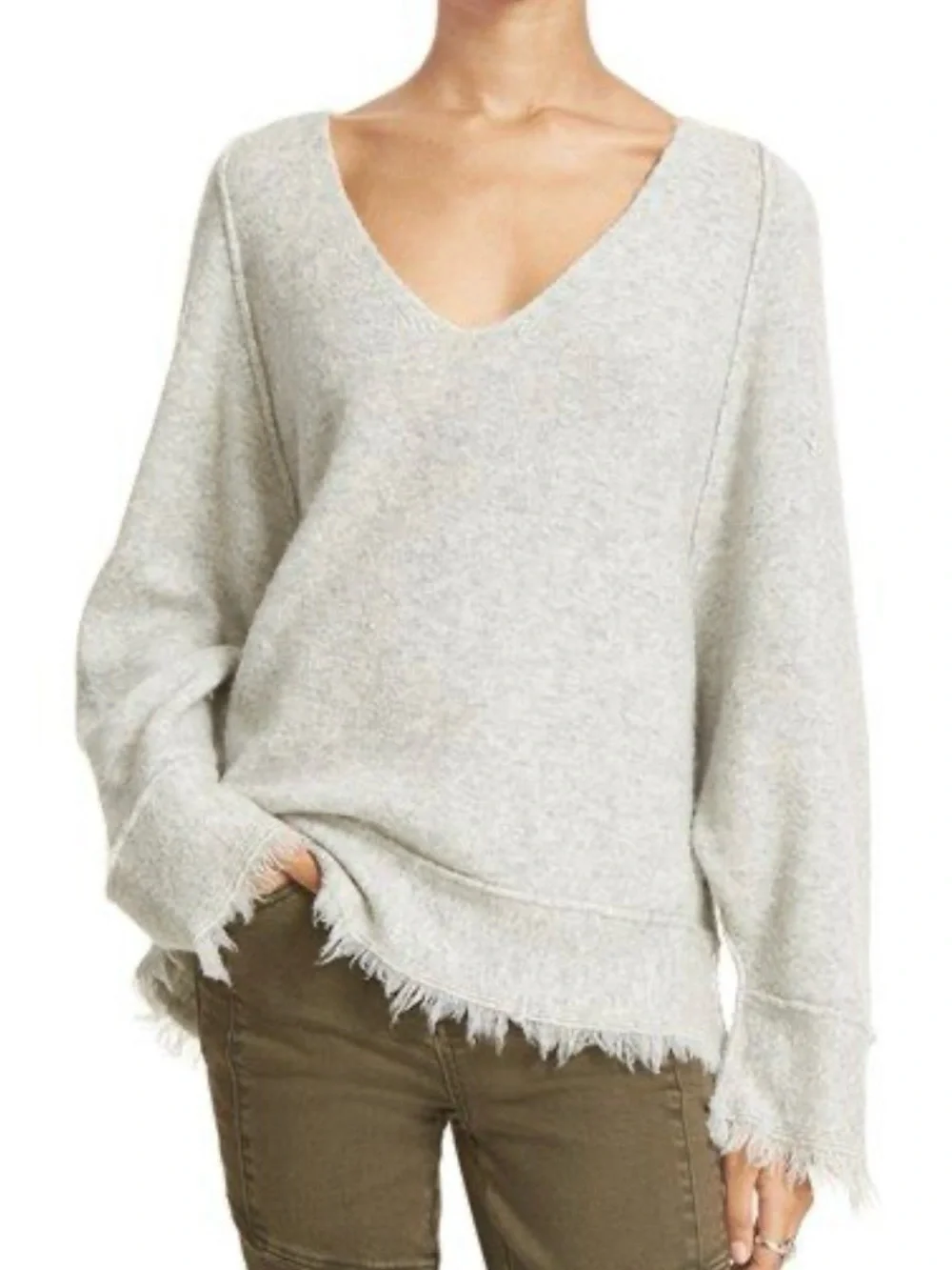 FREE PEOPLE IRRESISTIBLE FRINGE TRIM SWEATER V-NECK OVERSIZED BOYFRIEND FIT